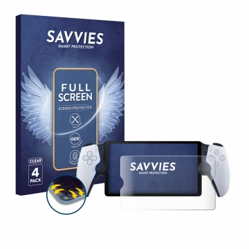 Face avant d’un emballage produit avec le logo de la marque Savvies. À côté, l’appareil Sony Playstation Portal est représenté