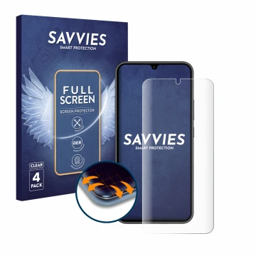 Face avant d’un emballage produit avec le logo de la marque Savvies. À côté, l’appareil Samsung Galaxy A34 5G Enterprise Editi