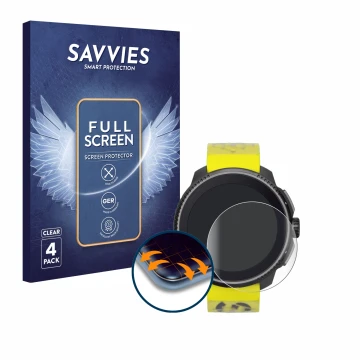 Face avant d’un emballage produit avec le logo de la marque Savvies. À côté, l’appareil Suunto Race est représenté avec la pro