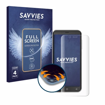 Face avant d’un emballage produit avec le logo de la marque Savvies. À côté, l’appareil Emporia Smart 5 Mini est représenté av