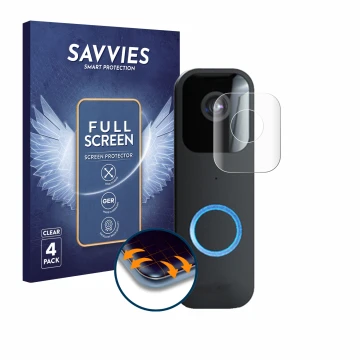 Face avant d’un emballage produit avec le logo de la marque Savvies. À côté, l’appareil Blink Video Doorbell est représenté av
