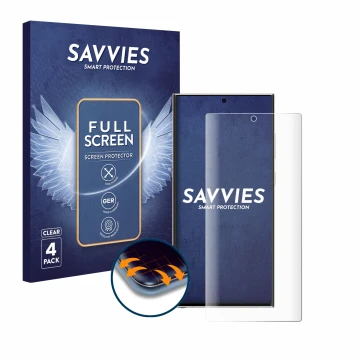 Face avant d’un emballage produit avec le logo de la marque Savvies. À côté, l’appareil Samsung Galaxy S23 Ultra Enterprise Ed