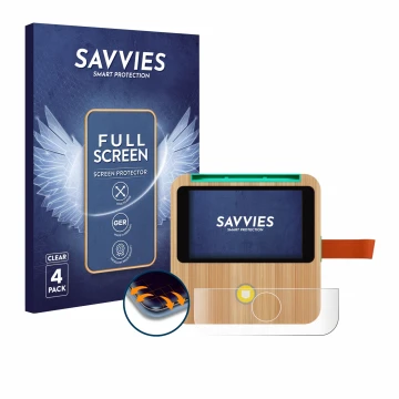Face avant d’un emballage produit avec le logo de la marque Savvies. À côté, l’appareil tigerbox Touch Plus est représenté ave
