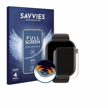Face avant d’un emballage produit avec le logo de la marque Savvies. À côté, l’appareil Smartwatch IDW15 1.8