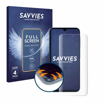 Face avant d’un emballage produit avec le logo de la marque Savvies. À côté, l’appareil Samsung Galaxy A15 5G est représenté a