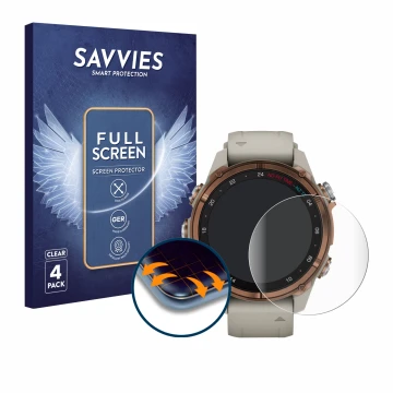 Face avant d’un emballage produit avec le logo de la marque Savvies. À côté, l’appareil Garmin Descent Mk3 (43 mm) est représe