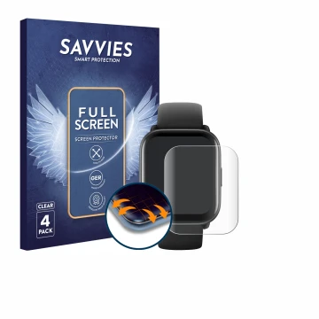 Face avant d’un emballage produit avec le logo de la marque Savvies. À côté, l’appareil Amazfit Active est représenté avec la 