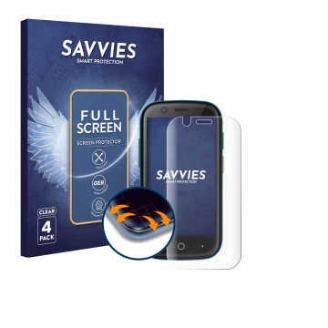 Face avant d’un emballage produit avec le logo de la marque Savvies. À côté, l’appareil Unihertz Jelly 2E est représenté avec 