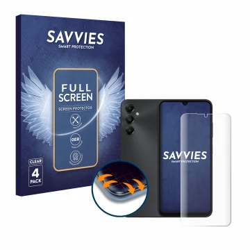 Face avant d’un emballage produit avec le logo de la marque Savvies. À côté, l’appareil Samsung Galaxy A05s est représenté ave