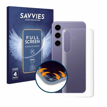 Face avant d’un emballage produit avec le logo de la marque Savvies. À côté, l’appareil Samsung Galaxy S24 (Arrière) est repré