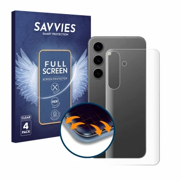 Face avant d’un emballage produit avec le logo de la marque Savvies. À côté, l’appareil Samsung Galaxy S24 Plus (Arrière) est 