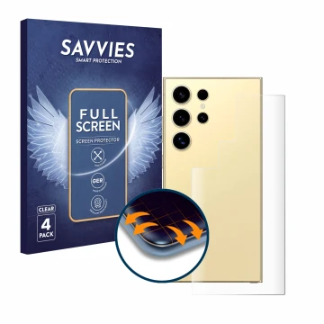 Face avant d’un emballage produit avec le logo de la marque Savvies. À côté, l’appareil Samsung Galaxy S24 Ultra (Arrière) est