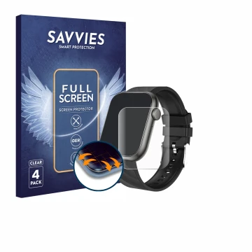 Face avant d’un emballage produit avec le logo de la marque Savvies. À côté, l’appareil walkbee Smartwatch 1.96