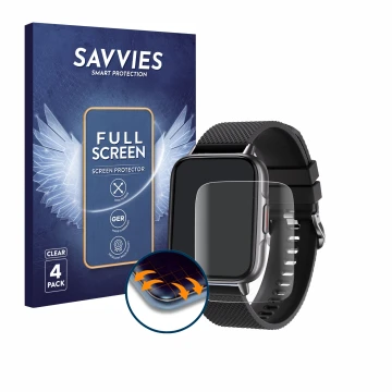 Face avant d’un emballage produit avec le logo de la marque Savvies. À côté, l’appareil Tisoutec Smartwatch 1.7