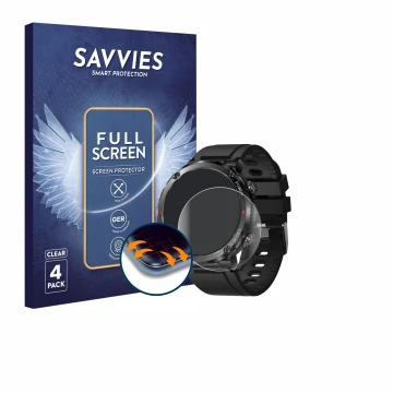 Face avant d’un emballage produit avec le logo de la marque Savvies. À côté, l’appareil LIGE Smartwatch 1.6