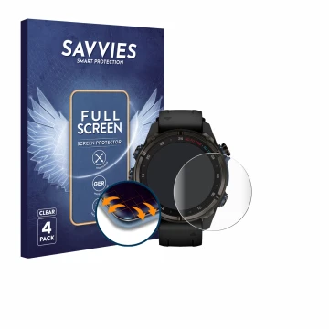 Face avant d’un emballage produit avec le logo de la marque Savvies. À côté, l’appareil Garmin Descent Mk3i (43 mm) est représ