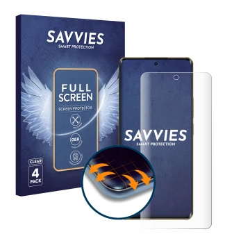 Face avant d’un emballage produit avec le logo de la marque Savvies. À côté, l’appareil realme 12 Pro Plus est représenté avec
