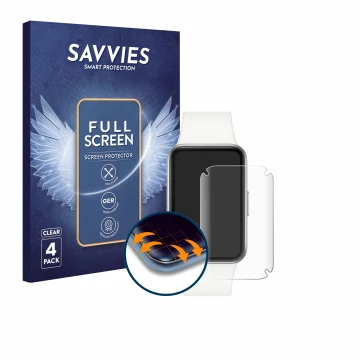 Face avant d’un emballage produit avec le logo de la marque Savvies. À côté, l’appareil Samsung Galaxy Fit3 est représenté ave