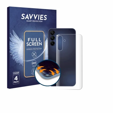 Face avant d’un emballage produit avec le logo de la marque Savvies. À côté, l’appareil Samsung Galaxy A15 5G (Arrière) est re