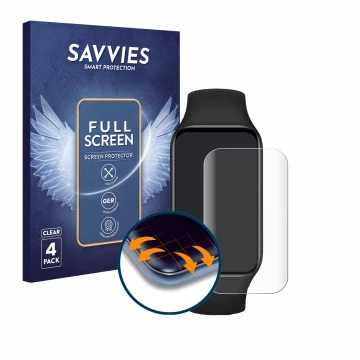 Face avant d’un emballage produit avec le logo de la marque Savvies. À côté, l’appareil Xiaomi Smart Band 8 Active est représe