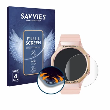 Face avant d’un emballage produit avec le logo de la marque Savvies. À côté, l’appareil Mutoy Smartwatch 1.32