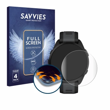 Face avant d’un emballage produit avec le logo de la marque Savvies. À côté, l’appareil Garmin Forerunner 165 est représenté a
