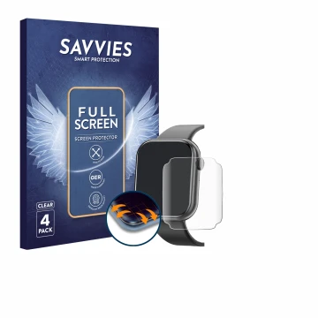 Face avant d’un emballage produit avec le logo de la marque Savvies. À côté, l’appareil Mingtawn Smartwatch 1.85