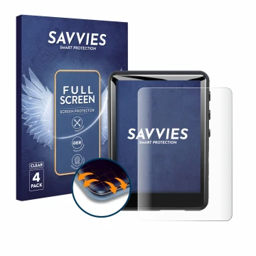 Face avant d’un emballage produit avec le logo de la marque Savvies. À côté, l’appareil Zaqe MP3 Player M4 2.4