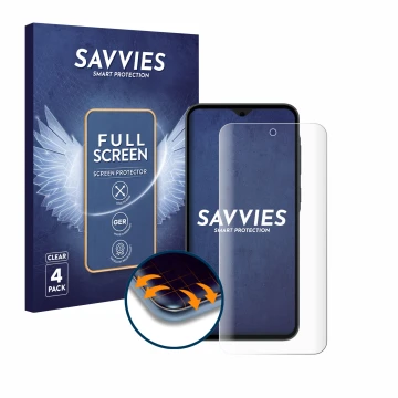 Face avant d’un emballage produit avec le logo de la marque Savvies. À côté, l’appareil Samsung Galaxy A35 5G est représenté a