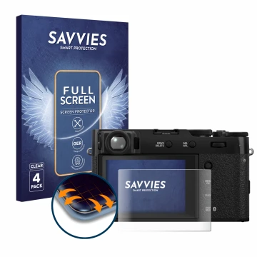 Face avant d’un emballage produit avec le logo de la marque Savvies. À côté, l’appareil Fujifilm X100VI est représenté avec la