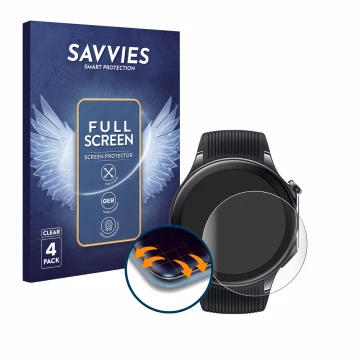 Face avant d’un emballage produit avec le logo de la marque Savvies. À côté, l’appareil OnePlus Watch 2 est représenté avec la