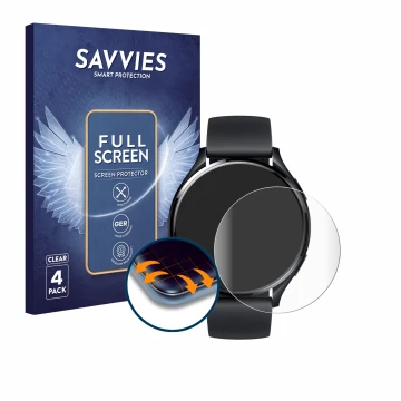 Face avant d’un emballage produit avec le logo de la marque Savvies. À côté, l’appareil Xiaomi Watch 2 est représenté avec la 