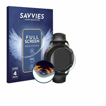 Face avant d’un emballage produit avec le logo de la marque Savvies. À côté, l’appareil Xiaomi Watch S3 est représenté avec la