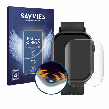 Face avant d’un emballage produit avec le logo de la marque Savvies. À côté, l’appareil Yuede Smartwatch 2