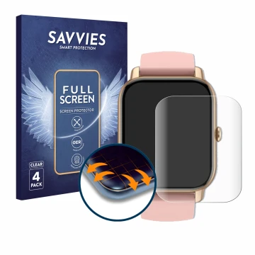 Face avant d’un emballage produit avec le logo de la marque Savvies. À côté, l’appareil Sross Smartwatch 1.83
