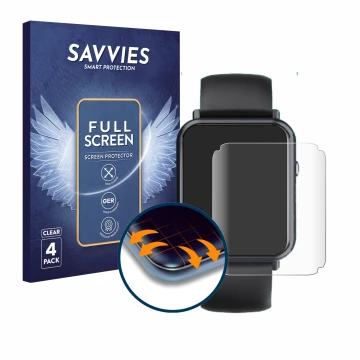 Face avant d’un emballage produit avec le logo de la marque Savvies. À côté, l’appareil Sross Smartwatch 1.69