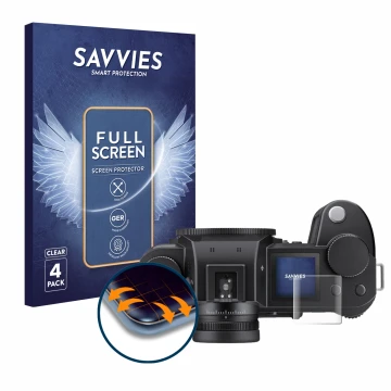 Face avant d’un emballage produit avec le logo de la marque Savvies. À côté, l’appareil Leica SL3 (affichage des épaules) est 