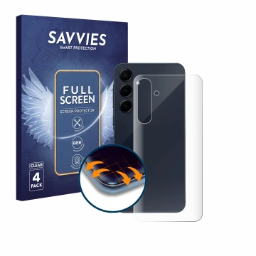 Face avant d’un emballage produit avec le logo de la marque Savvies. À côté, l’appareil Samsung Galaxy A55 5G (Arrière) est re