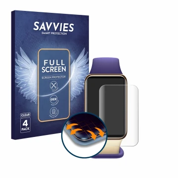 Face avant d’un emballage produit avec le logo de la marque Savvies. À côté, l’appareil Honor Band 9 est représenté avec la pr