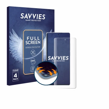 Face avant d’un emballage produit avec le logo de la marque Savvies. À côté, l’appareil Vivo X Fold3 est représenté avec la pr
