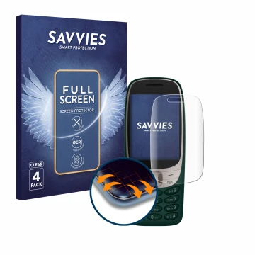 Face avant d’un emballage produit avec le logo de la marque Savvies. À côté, l’appareil Nokia 6310 (2024) est représenté avec 