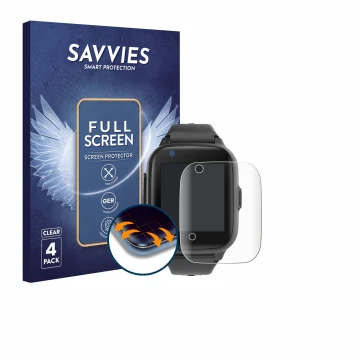Face avant d’un emballage produit avec le logo de la marque Savvies. À côté, l’appareil Leotec Kids Allo Plus 4G est représent