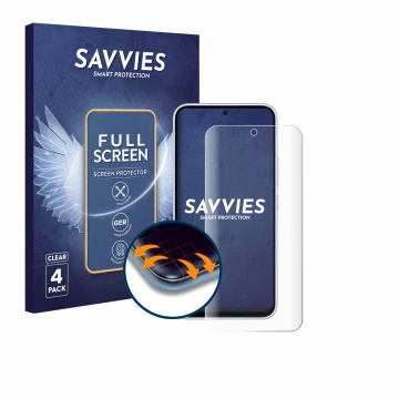 Face avant d’un emballage produit avec le logo de la marque Savvies. À côté, l’appareil Samsung Galaxy A54 5G Enterprise Editi