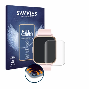 Face avant d’un emballage produit avec le logo de la marque Savvies. À côté, l’appareil walkbee Smartwatch 1.83