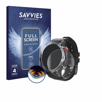Face avant d’un emballage produit avec le logo de la marque Savvies. À côté, l’appareil Darmowade Smartwatch 1.32