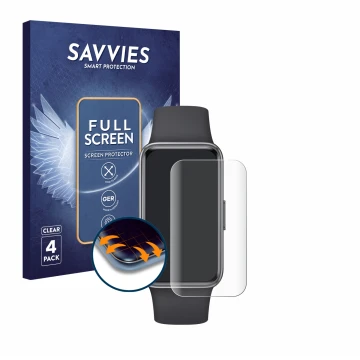 Face avant d’un emballage produit avec le logo de la marque Savvies. À côté, l’appareil Huawei Band 9 est représenté avec la p