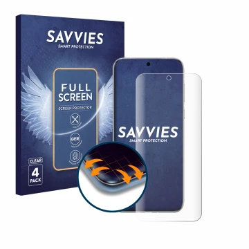 Face avant d’un emballage produit avec le logo de la marque Savvies. À côté, l’appareil Huawei Pura 70 Ultra est représenté av