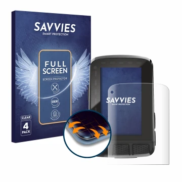 Face avant d’un emballage produit avec le logo de la marque Savvies. À côté, l’appareil Wahoo Elemnt Roam V2 GPS est représent
