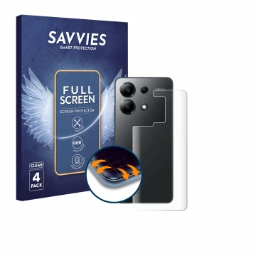 Face avant d’un emballage produit avec le logo de la marque Savvies. À côté, l’appareil Xiaomi Redmi Note 13 4G (Arrière) est 