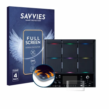 Face avant d’un emballage produit avec le logo de la marque Savvies. À côté, l’appareil Roland SPD-SX PRO est représenté avec 